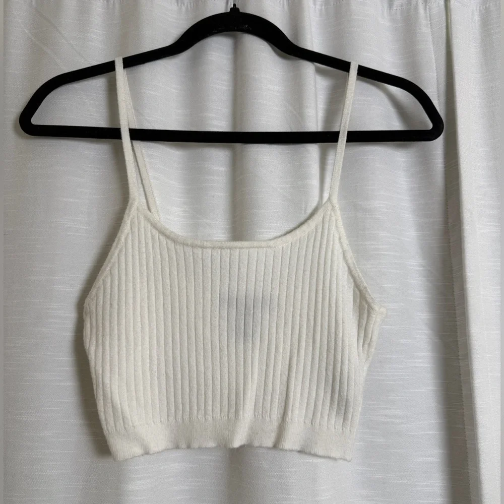 Forever 21 Cream Ribbed Knit Crop Spaghetti Strap Bralette Crop Top | Size M - Picture 4 of 10